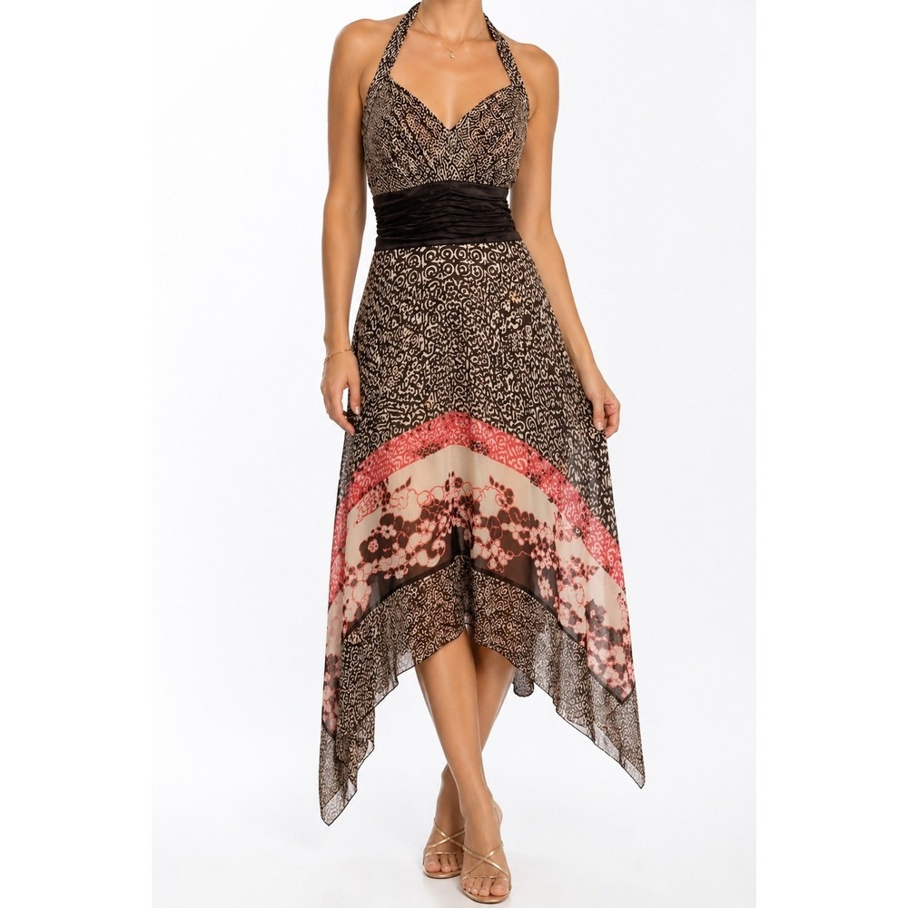 Silk Chiffon Halter Dress Medium Y2K Fairy Asymmetric Wedding Guest‎ Whimsical